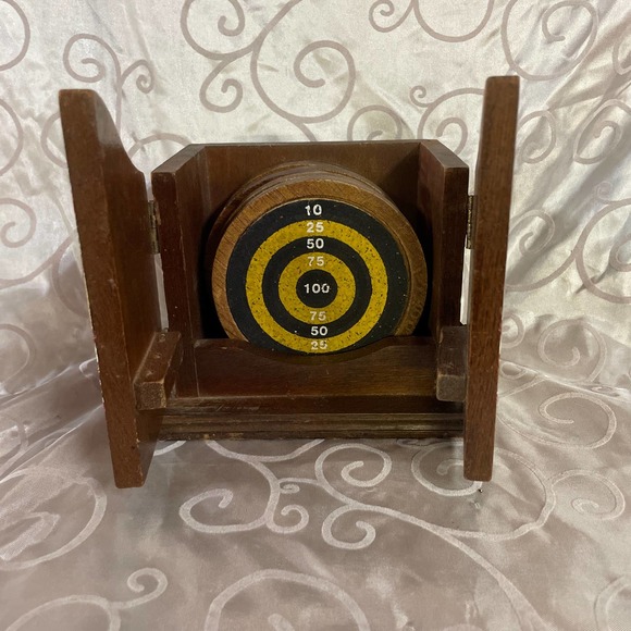 Vintage 1970's The King Of Arms Small Wooden Coaster Set Kings Pub. - Picture 2 of 10